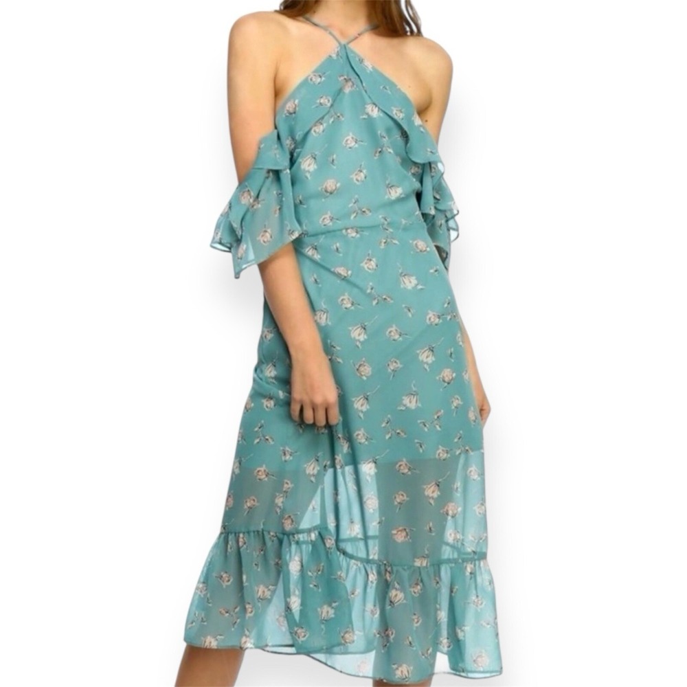 LUMIERE Women's Sz S‎ Teal Floral Halter Off the shoulder Lined Dress NWT